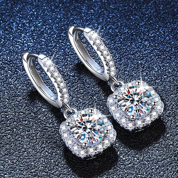 Certified 2ct. t.w. Moissanite Diamond Cushion Halo Drop Hoop Earrings NEW - Picture 4 of 12